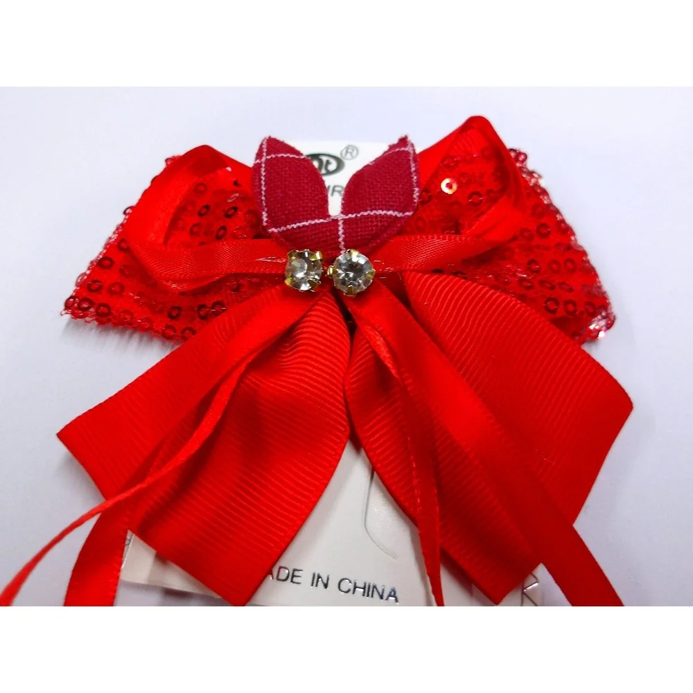 Red Sequin Hair Bow Clip Plaid Heart Rhinestone Festive Holiday Accessory/#26675